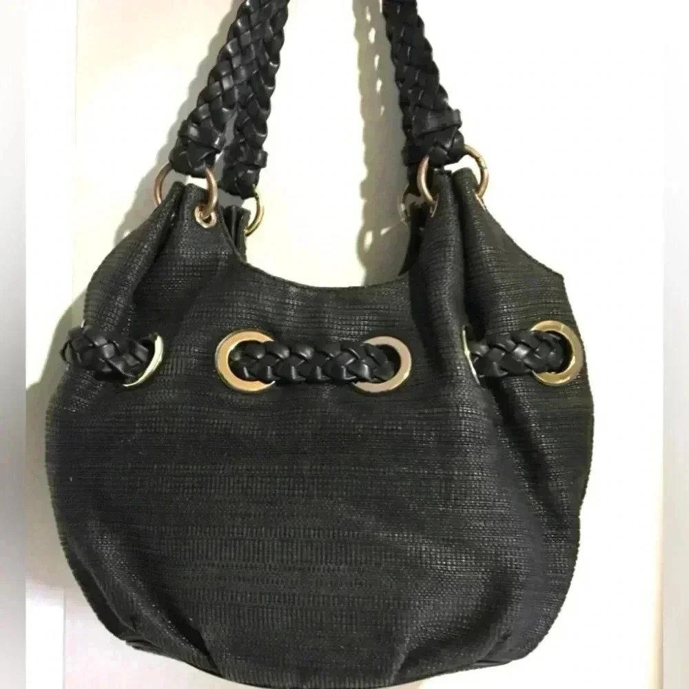 Michael kors black straw shoulder handbag with leather strap & trim